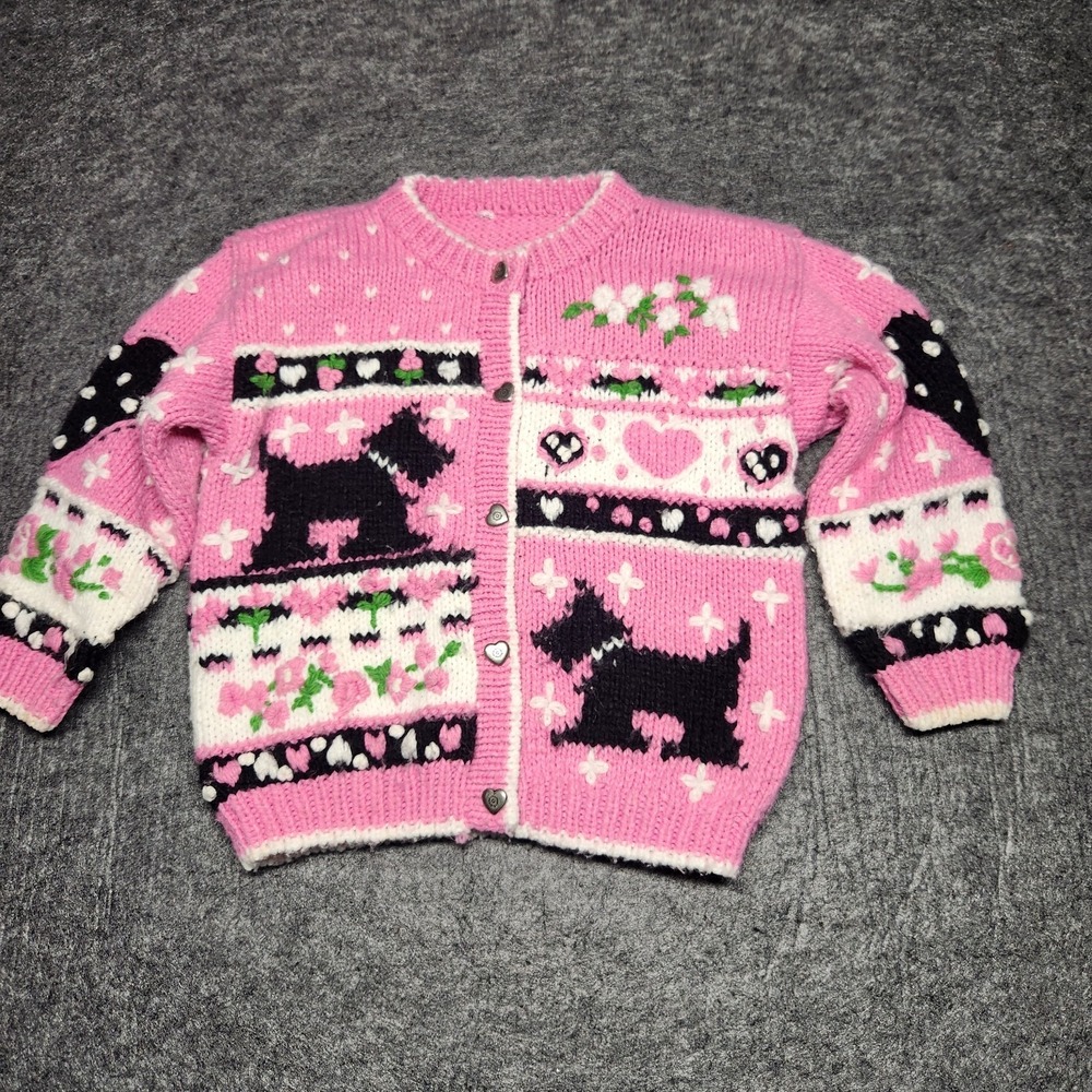 Vintage Girls Cable Knit Cardigan Sweater Scotty Dog Flowers Heart Small Pink